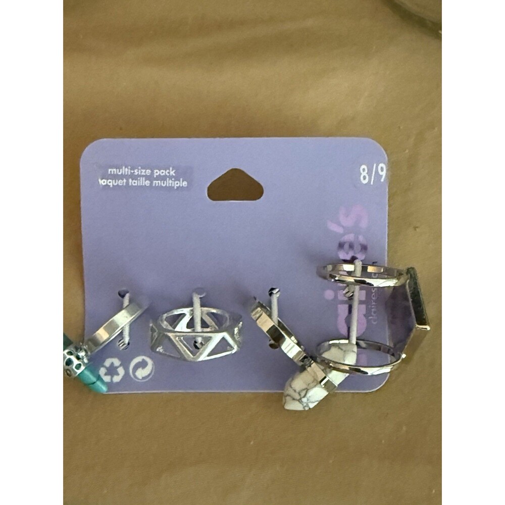 Claire’s Multi-Size Ring Pack Silver Tone Geometric Stone Set Size 8/9